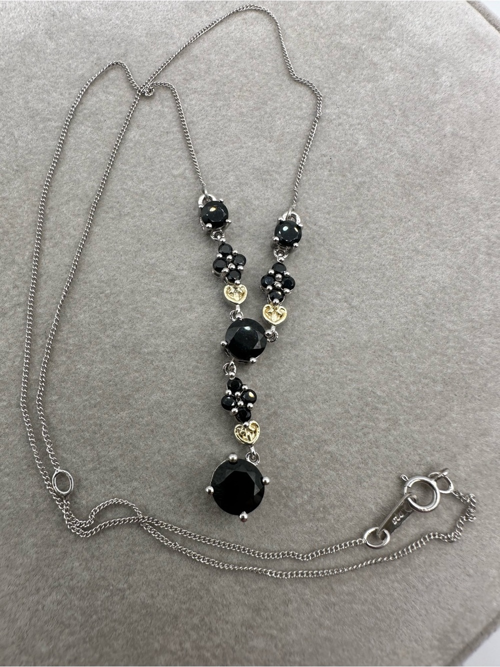 925 Sterling Silver Black Gemstone Y-Necklace Drop Pendant Gold Heart Accent
